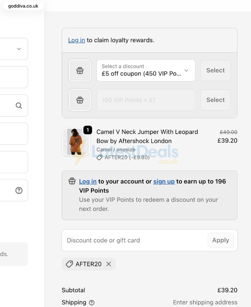Screenshot of the Goddiva discount code working