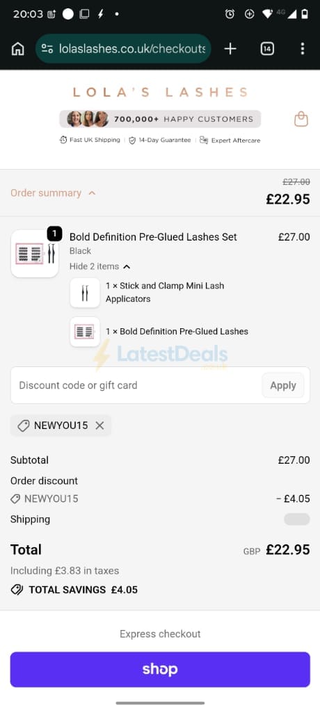 Screenshot of the Lola's Lashes discount code working