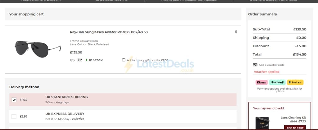 Screenshot of the Shade Station discount code working