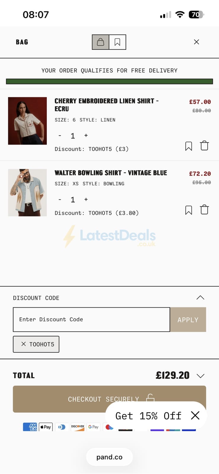 Screenshot of the P&Co discount code working