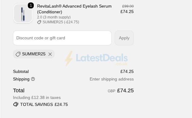 Screenshot of the RevitaLash discount code working