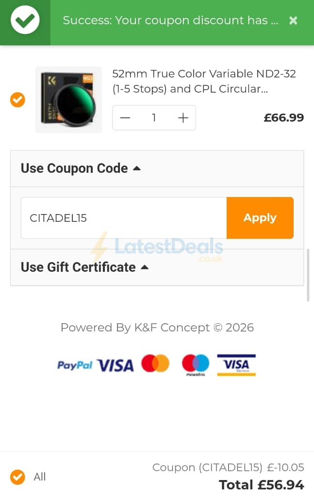 Screenshot of the K&F Concept discount code working