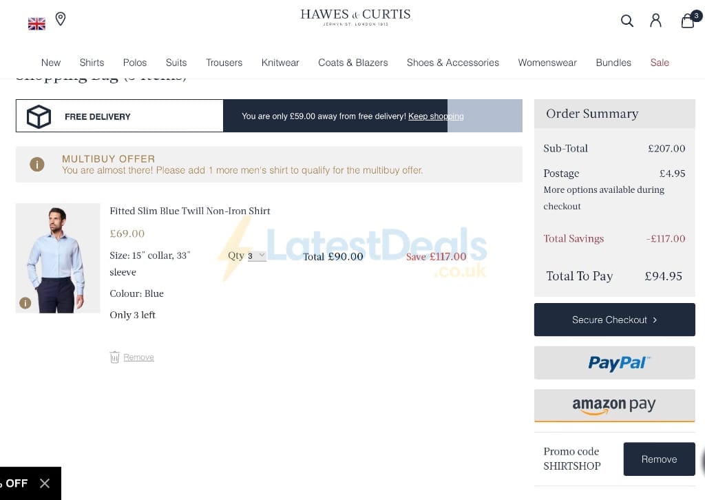 Screenshot of the Hawes & Curtis discount code working
