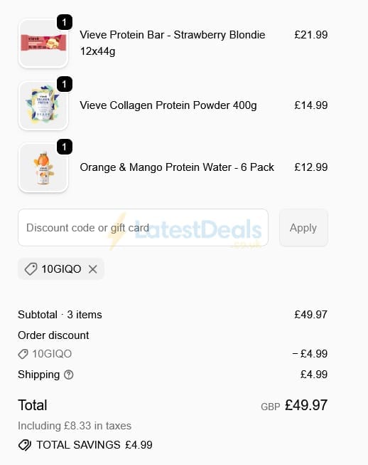 Screenshot of the Vieve discount code working