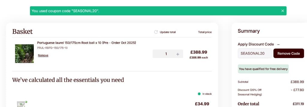 Screenshot of the Hedges Direct discount code working
