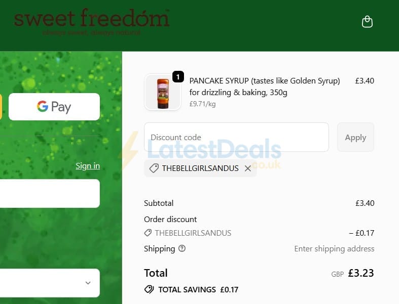 Screenshot of the Sweet Freedom discount code working