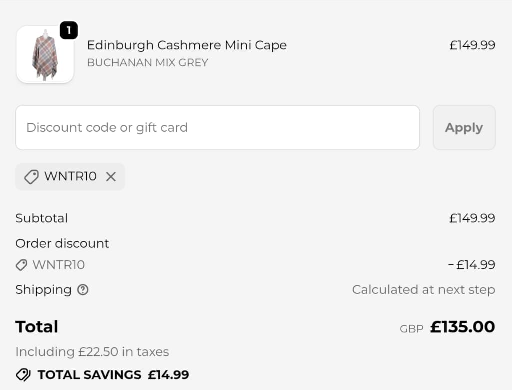 Screenshot of the Tartan Weaving Mill discount code working