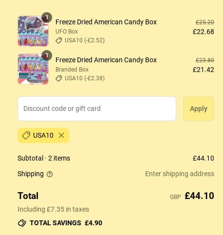 Screenshot of the SpaceSweets discount code working