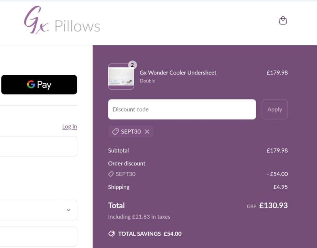 Screenshot of the Gx Pillows discount code working