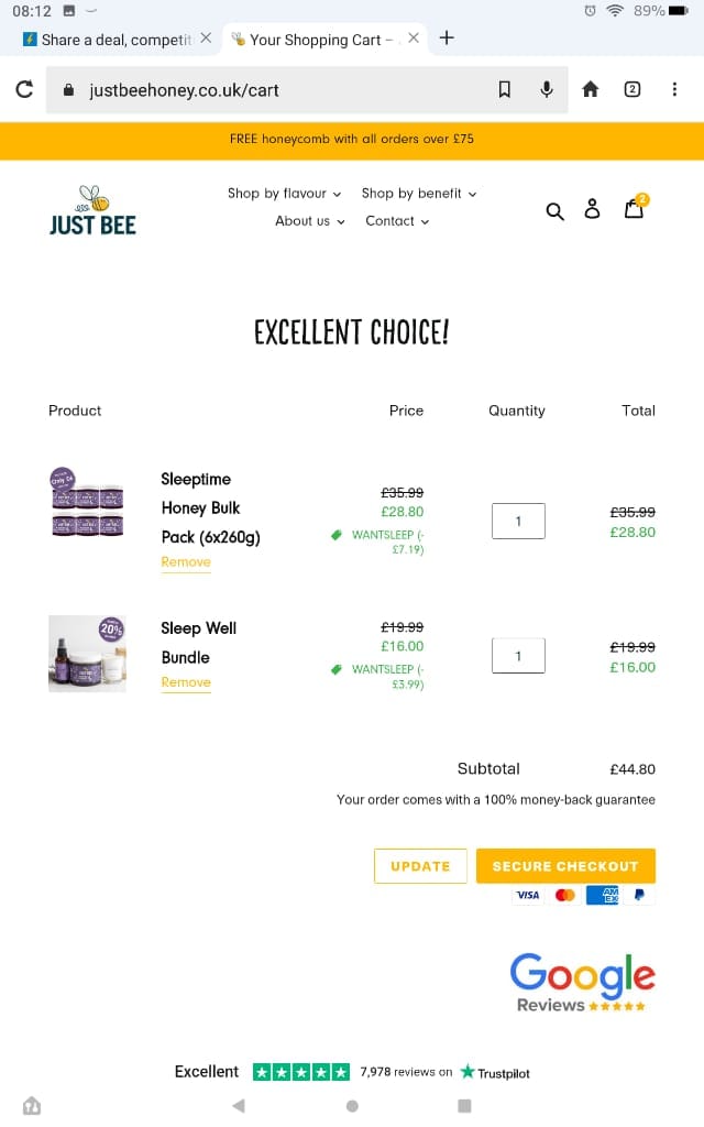 Screenshot of the Just Bee Honey discount code working