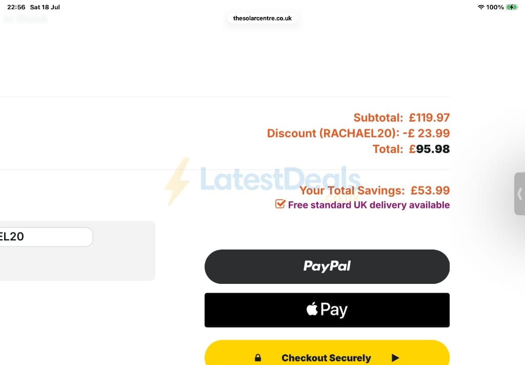 Screenshot of the Solar Centre discount code working