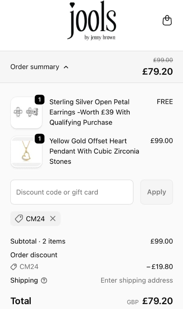 Screenshot of the Jools by Jenny Brown discount code working