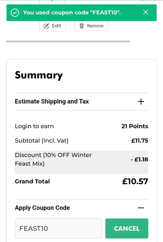 Screenshot of the Ivel Valley Bird Food discount code working