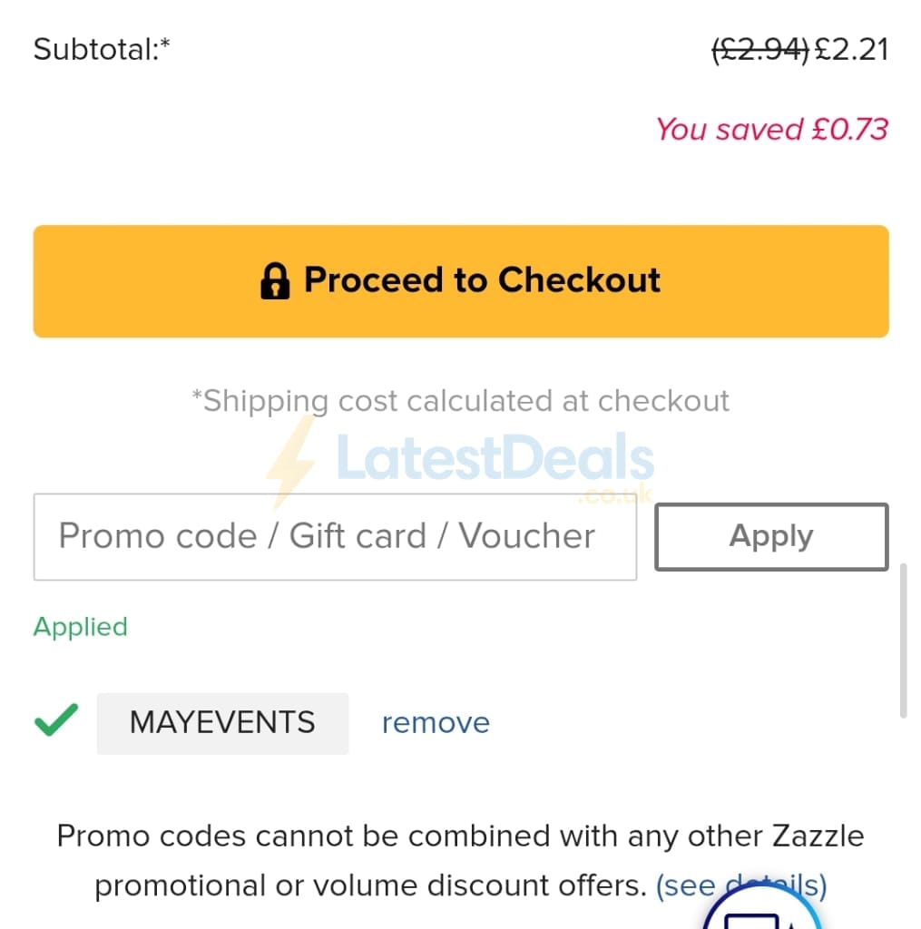 Screenshot of the Zazzle discount code working