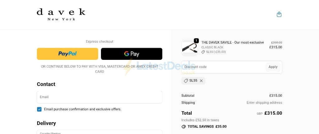 Screenshot of the Davek discount code working