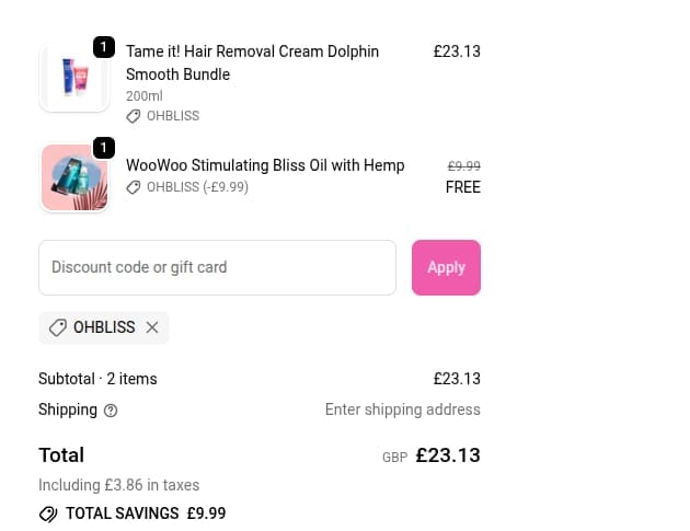 Screenshot of the WooWoo discount code working