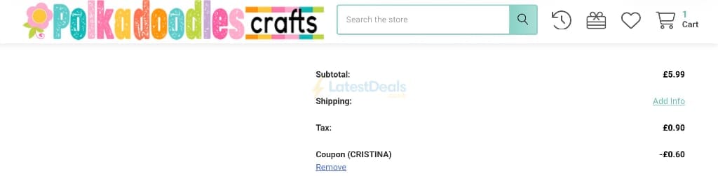 Screenshot of the Polkadoodles Crafts discount code working