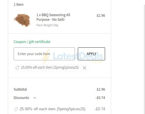 Screenshot of the SPICES on the WEB discount code working