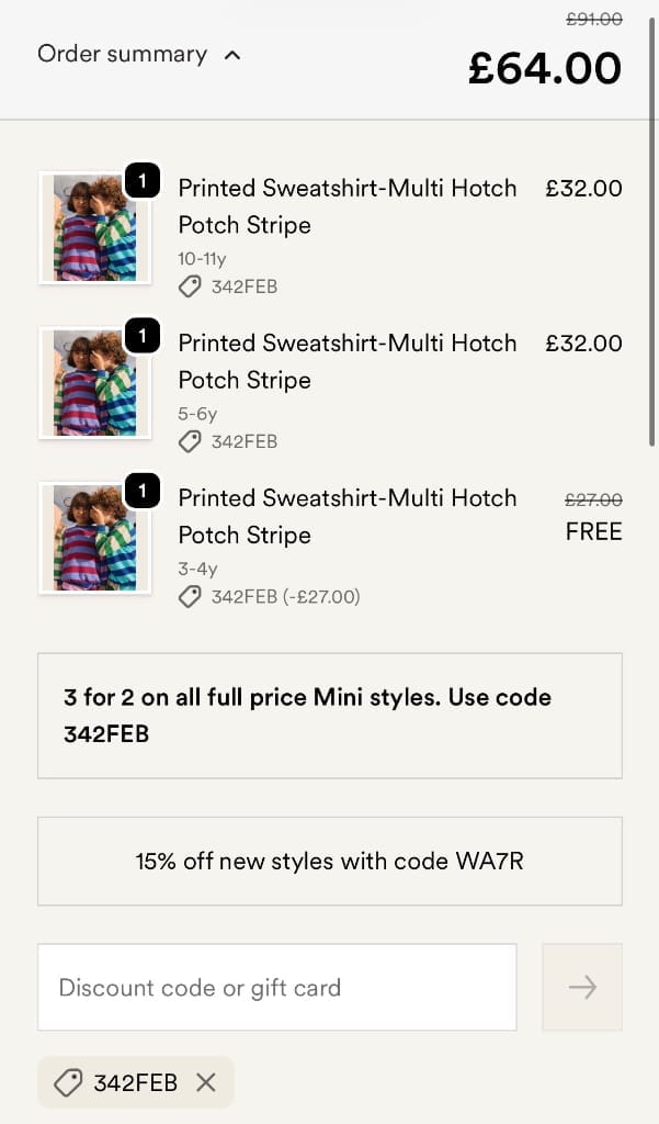 Screenshot of the BODEN discount code working