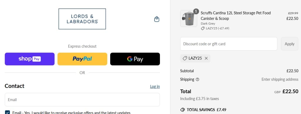 Screenshot of the Lords & Labradors discount code working