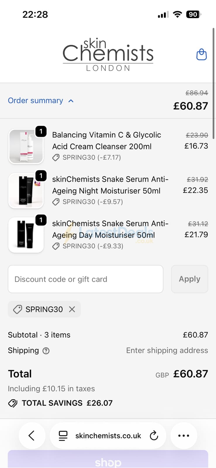 Screenshot of the skinChemists discount code working