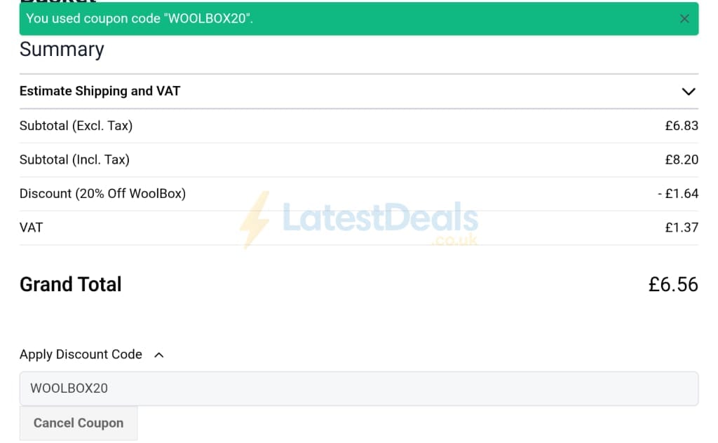 Screenshot of the WoolBox discount code working