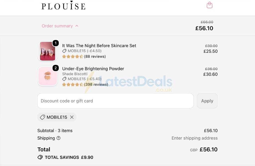 Screenshot of the P. Louise discount code working