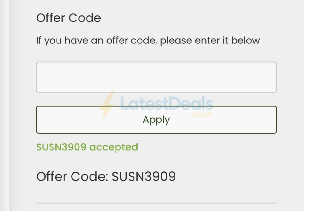 Screenshot of the Suttons discount code working
