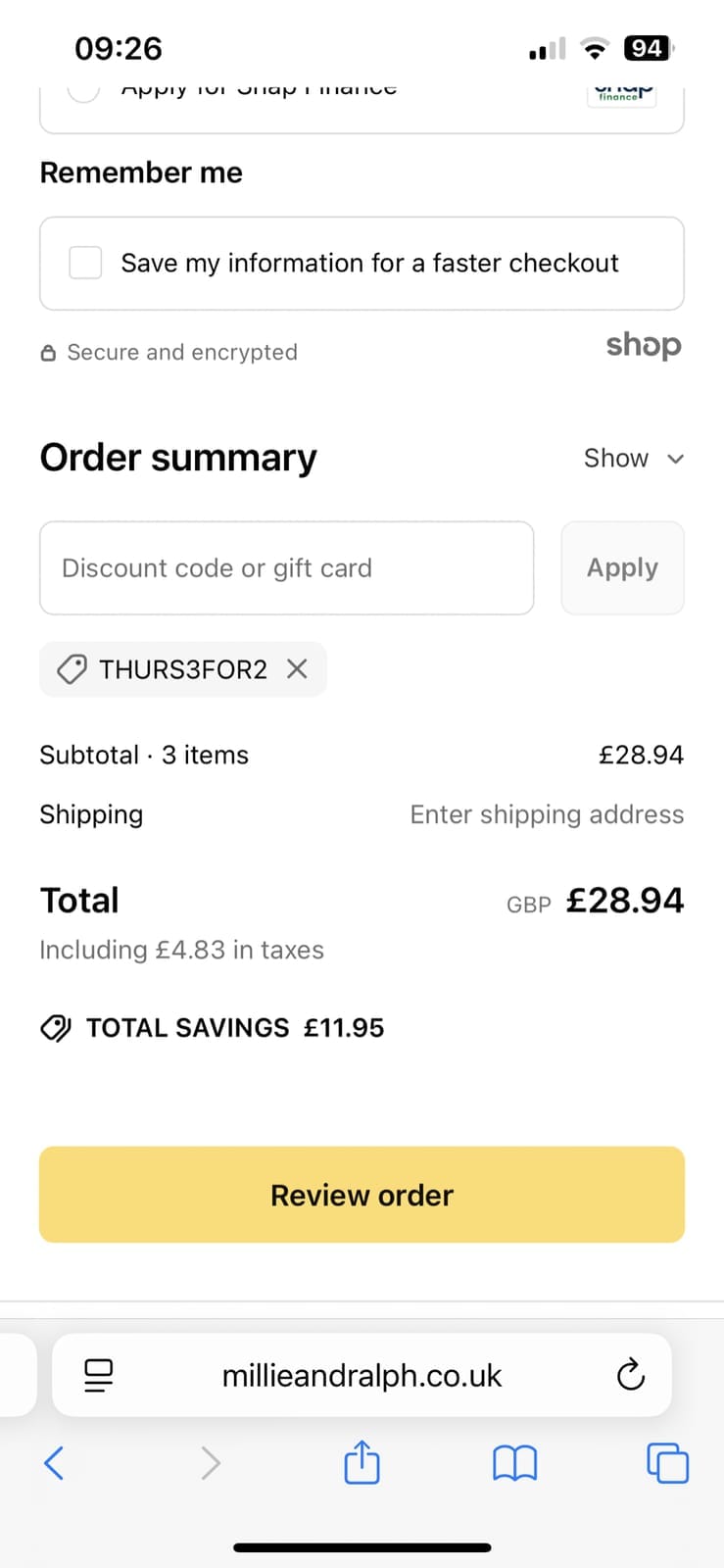 Screenshot of the Millie & Ralph discount code working
