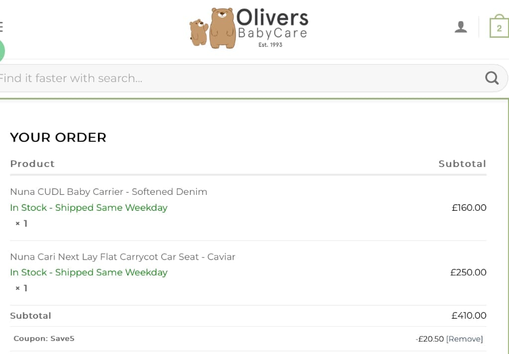 Screenshot of the Olivers BabyCare discount code working