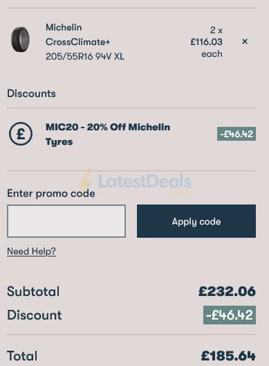 Screenshot of the Protyre discount code working