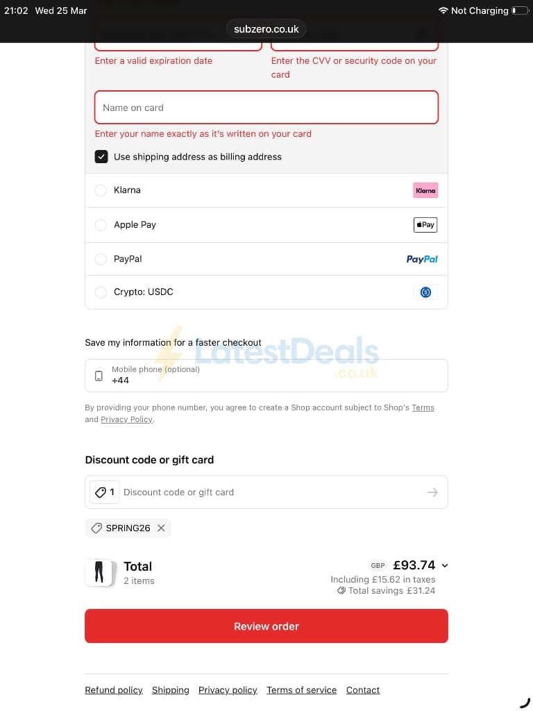 Screenshot of the Subzero discount code working
