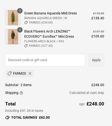 Screenshot of the Farm Rio discount code working