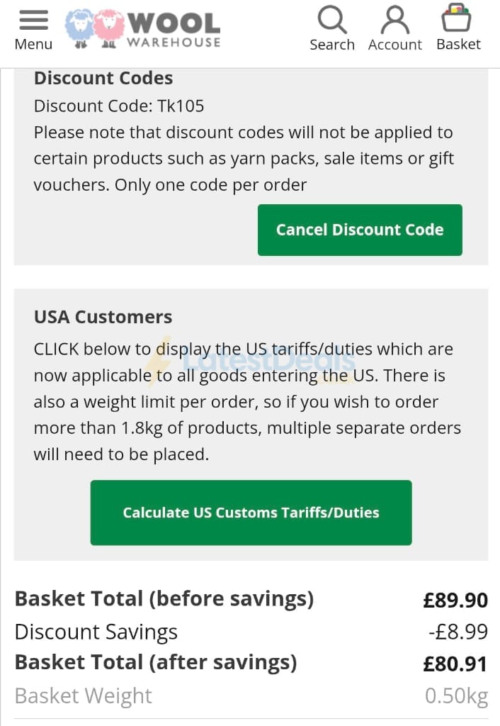 Screenshot of the Wool Warehouse discount code working