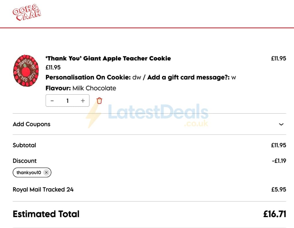 Screenshot of the Ooh & Aah Cookies discount code working