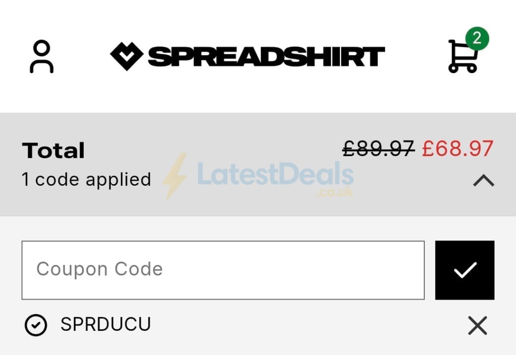 Screenshot of the Spreadshirt discount code working