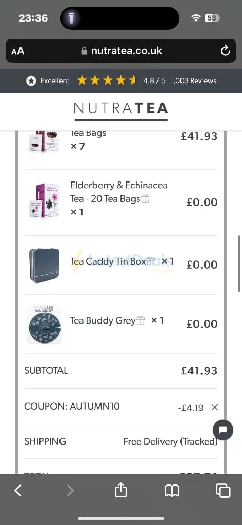 Screenshot of the Nutratea discount code working