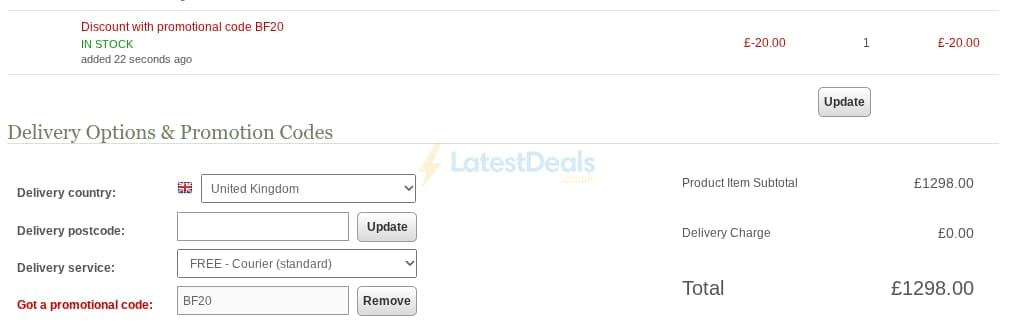 Screenshot of the Uttings discount code working