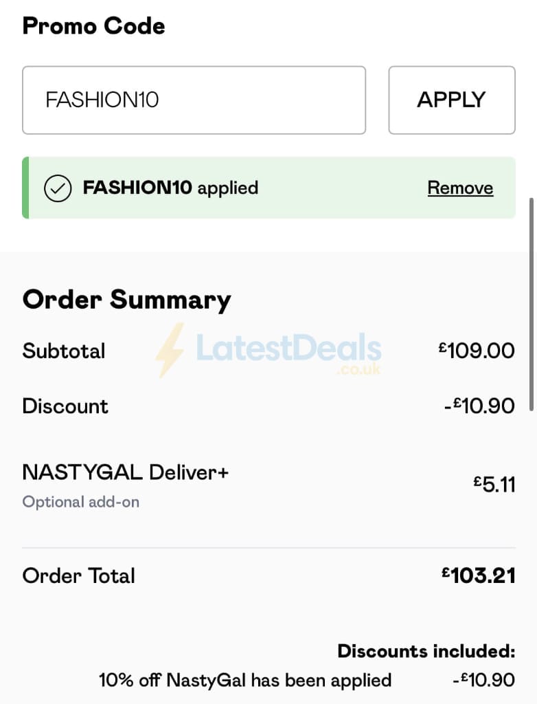 Screenshot of the Nasty Gal discount code working