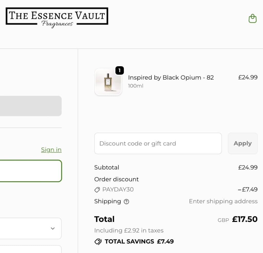 Screenshot of the The Essence Vault discount code working