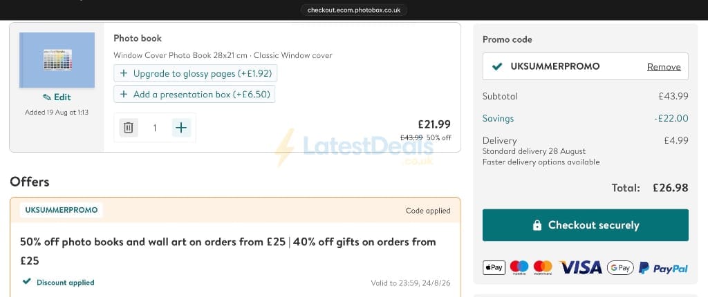 Screenshot of the Photobox discount code working