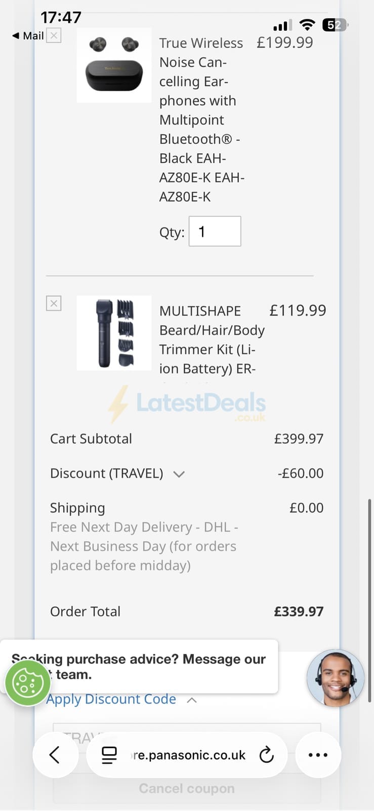 Screenshot of the Panasonic discount code working