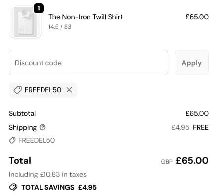 Screenshot of the TM Lewin discount code working