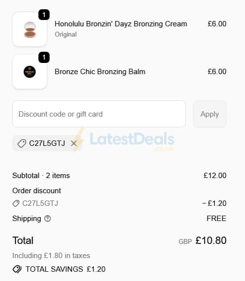 Screenshot of the W7makeup discount code working