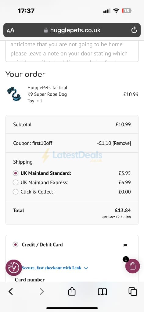 Screenshot of the HugglePets discount code working