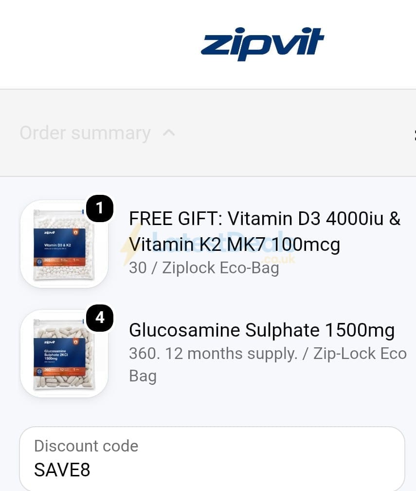 Screenshot of the ZipVit discount code working