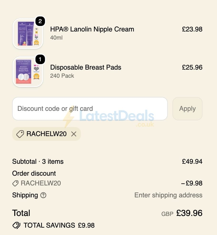 Screenshot of the Lansinoh UK discount code working