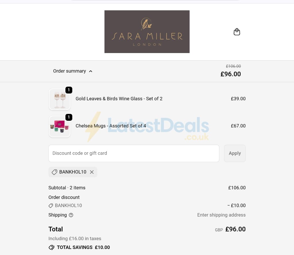 Screenshot of the Sara Miller discount code working