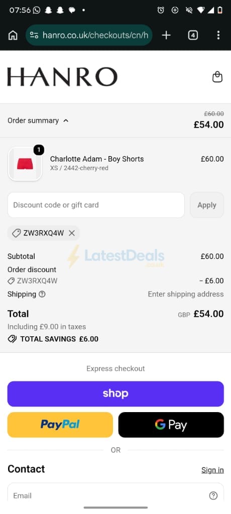 Screenshot of the Hanro discount code working