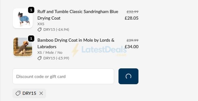 Screenshot of the Lords & Labradors discount code working